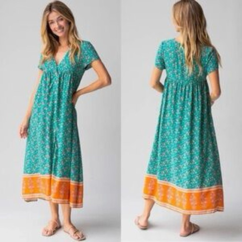 NATURAL LIFE Teal and Orange Midi Dress - Picture 2 of 13